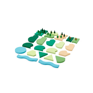 painted wooden blocks that are typically wide and flat, designed to look like flat pieces of ground when used with other wooden blocks. Blocks are blue, green, and brown and many have small trees or arches attached.
