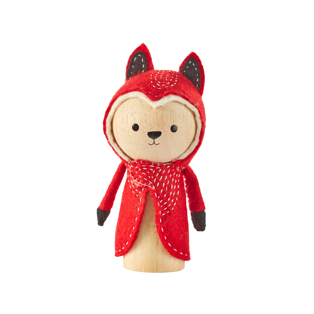 Abe the Fox is a delightful red fox, artfully rendered as a wooden toy. He has a strong rubberwood body wrapped in a bright red fox outfit.