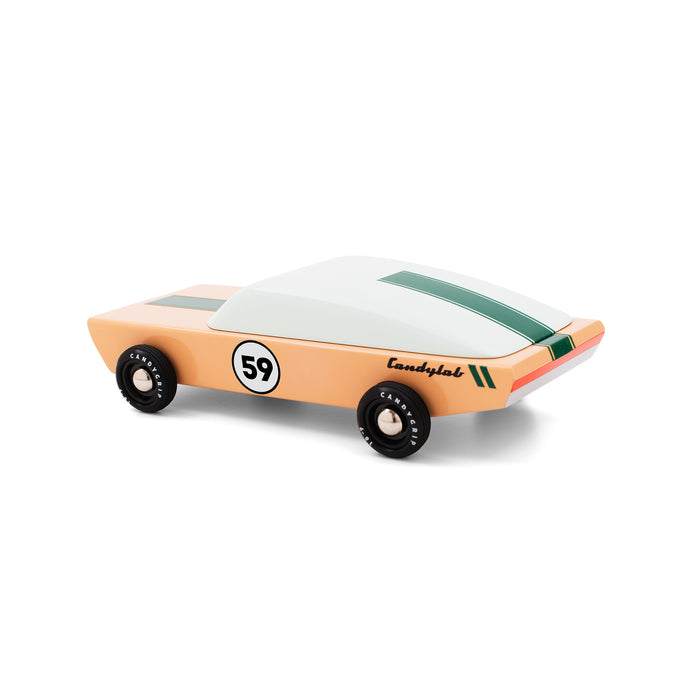Sand colored wooden race car with a long, rounded cab and a green racing stripe. The number 59 is stenciled on the door.